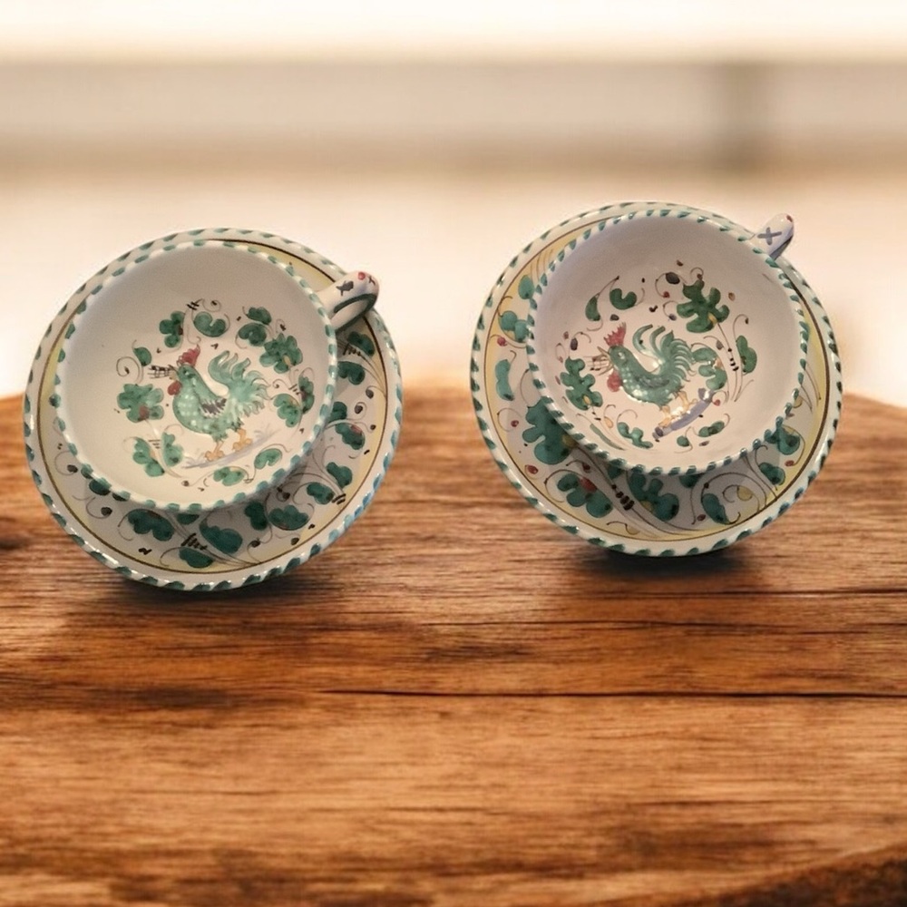 Deruta Orvieto Green Rooster footed Teacup/saucer set of 2